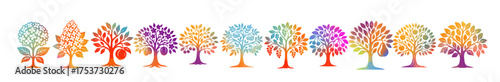 colored fruit tree cartoon set. A set of different trees. Hand drawn. Not AI, vector illustration.