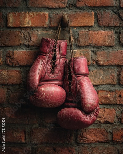 Aged red boxing gloves suspended from leather straps against textured brick background, dramatic still life capturing the spirit of determination and hard-earned strength