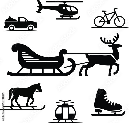 Silhouette icons of transportation and winter travel
