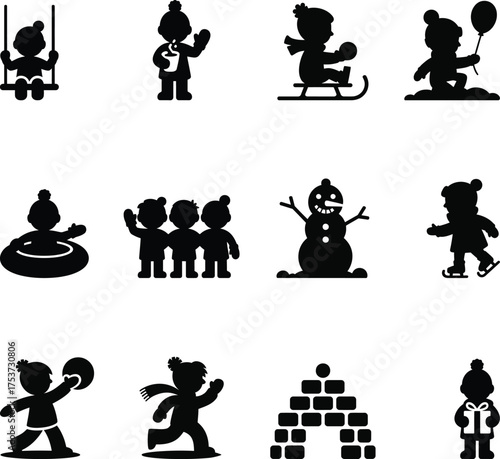 Silhouette icons of children playing in winter kids