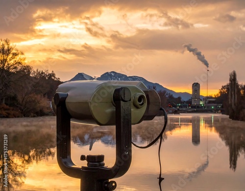 A scenic view showcases a viewing telescope with a river and a smoking industrial building, bathed in morning light. Distant mountain peak with a vibrant sky