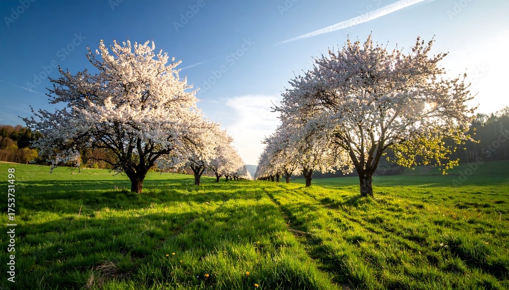 Fototapeta premium A scenic view showcases an alley of blossoming trees. Sunlit, lush green grass leads the eye toward the bright blue sky. The light is golden
