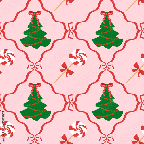 Christmas Seamless Pattern with Bows, Ribbons and Christmas Trees, Candy Cane Lollipops. Xmas coquette Retro Print. Preppy trendy holiday background. Vintage damask design for wrapping paper, textile