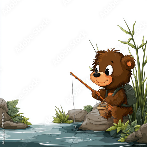 A charming teddy bear enjoys fishing by a serene riverside, wearing a backpack and holding a fishing rod, while some rocks and grass on the riverbank
