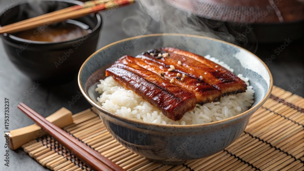 Fototapeta premium Unadon Japanese Grilled Eel Rice Bowl with Sweet Soy Glaze