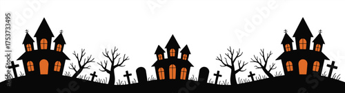 Black haunted houses with glowing orange windows, barren trees, and gravestones on a white background for a spooky Halloween scene