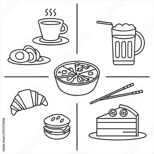 Elegant Food and Drink Outline Icons Set