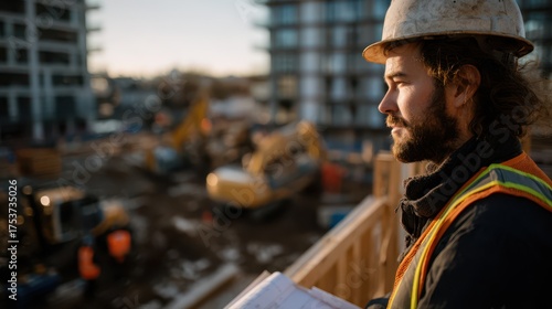 Young construction engineer wearing safety helmet and reflective vest holding blueprints while supervising active urban building site with heavy machinery under warm evening sunlight