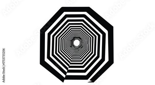 Abstract optical illusion of a black and white geometric tunnel receding into infinity.