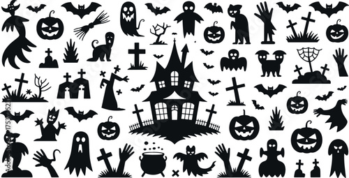 Collection of halloween icons featuring witches pumpkins ghosts bats spiders and haunted houses
