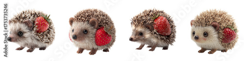 Adorable hedgehog quartet adorned with vibrant strawberries, a sweet and playful scene full of charm, perfect for a heartwarming design or fun, whimsical project