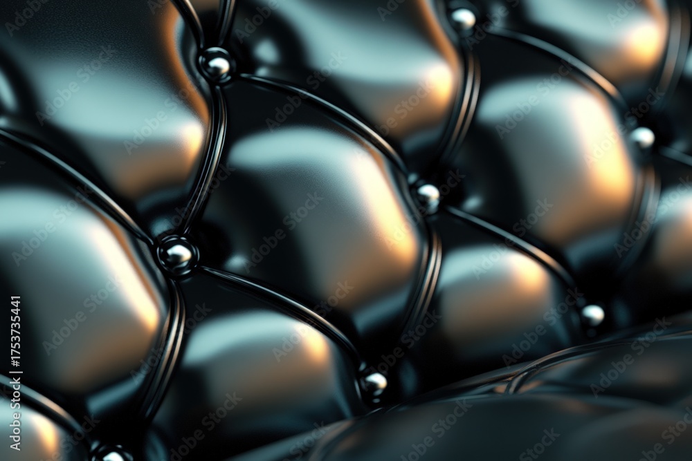 Obraz premium Black leather upholstery forming tufted pattern with reflective silver buttons