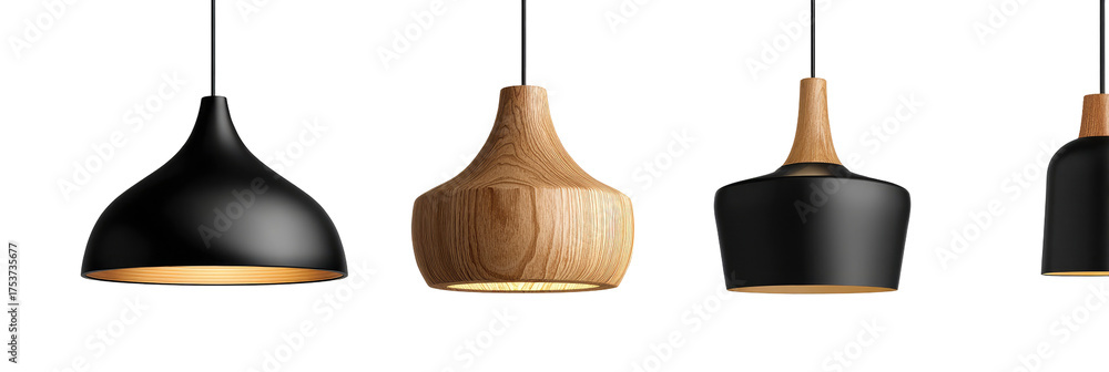Fototapeta premium Four pendant lamps, two with black and two with light brown wooden shades