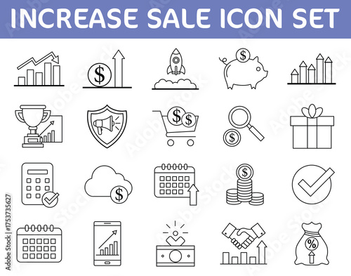 Increase Sale and Financial Growth Line Art Icon Set. Business Success, E-commerce Marketing, Investment, and Profit Statistics Vector Symbols