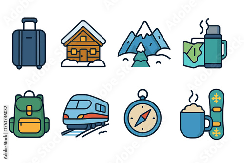 Travel and adventure icon set. outline icons for outdoor exploration and tourism