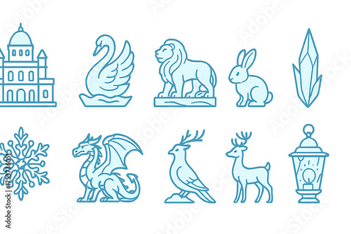 Fantasy outline icon set. mythical creatures and nature emblems in outline style