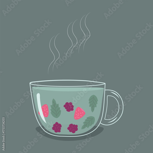 cup of mint tea with strawberries and raspberry
