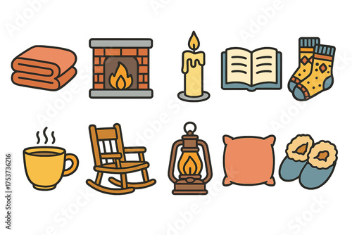 Cozy home essentials line icon set: living room, fireplace, candle, and more icons