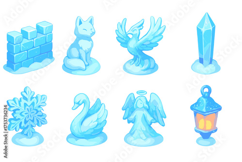 Winter, holiday ice sculpture icon set. festive, seasonal, 3d crystal icons collection