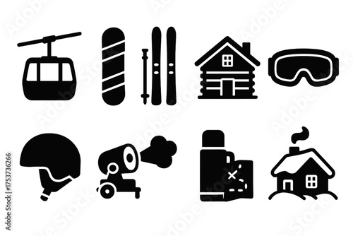 Winter sports silhouette icon set for skiing and snowboarding essentials