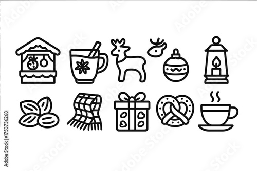 Christmas silhouette icon set with holiday, seasonal, festive outline art collection