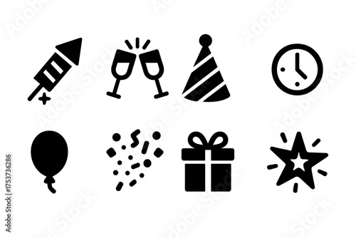 New year celebration silhouette icon set. festive party icon silhouettes collection