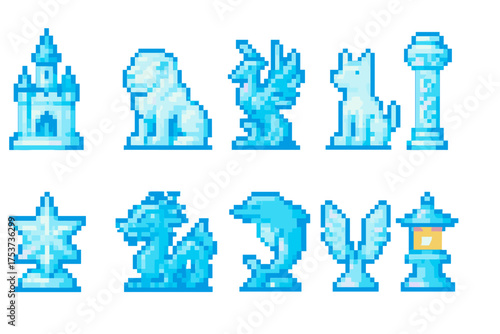 Fantasy pixel art icon set. mythical creatures, castle, pixelated style icons