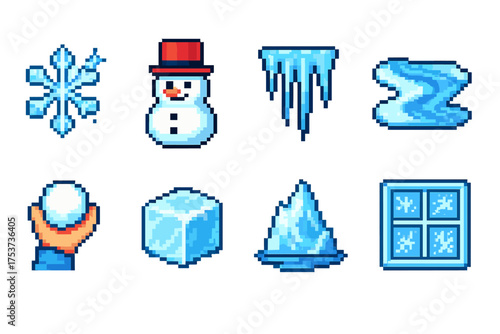 Winter, snow fun icon set. pixel art, winter sports, activities icons collection.