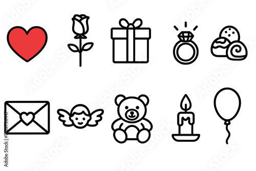 Love and romance outline icon set. valentine, proposal, wedding linear collection.