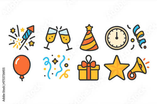 Celebration icon set. festive, party outline icons for new year and birthday themes.
