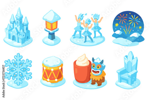 Winter holiday icon set. ice, snow, festival, celebration icons 3d collection