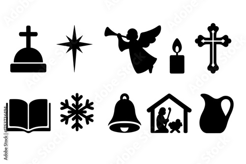 Christmas silhouette icon set. festive, holiday symbols in simple silhouette style