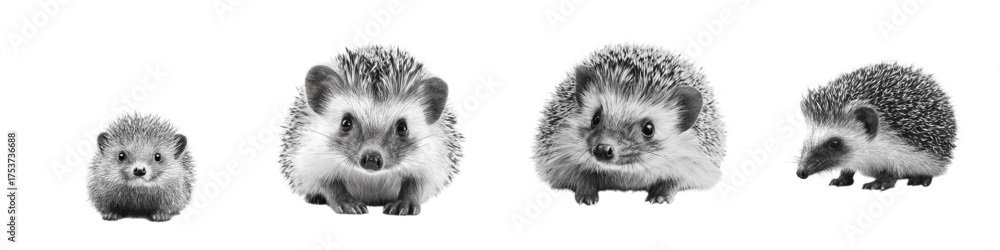 Obraz premium Adorable hedgehog family portrait in black and white, expressive and cute, perfect for pet-themed designs or heartwarming animal-related content, a charming wildlife scene