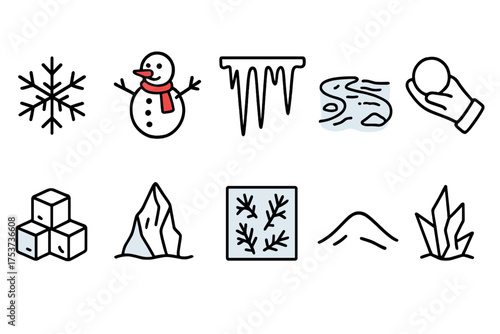 Winter, snow outline icon set. cold weather, seasonal decorations in line art