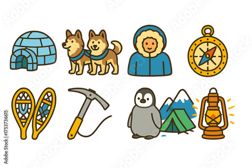 Camping and adventure flat icon set. outdoor, nature, exploration flat icons collection