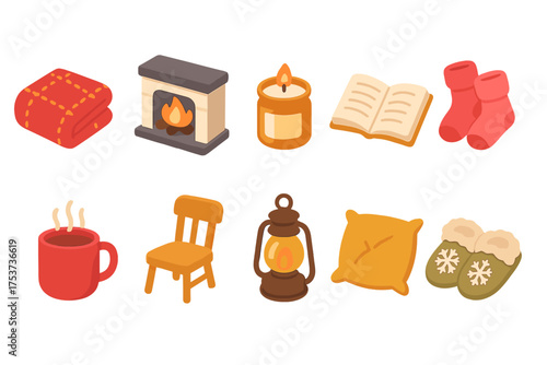 Cozy winter flat icon set. warmth, comfort, hygge home icons collection