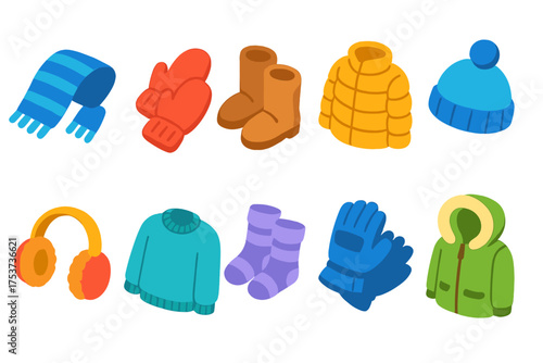 Winter clothing flat icon set. cozy apparel icons in flat style collection
