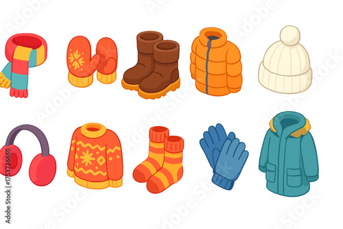 Winter clothing flat icon set. cozy winter wear icons for seasonal collections