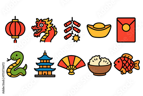 Lunar new year flat icon set featuring traditional chinese symbols and decorations.