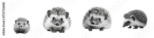 Adorable hedgehog family portrait in black and white, expressive and cute, perfect for pet-themed designs or heartwarming animal-related content, a charming wildlife scene