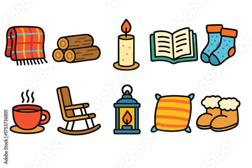 Cozy winter flat icon set. hygge, comfort, warmth icons for seasonal designs.