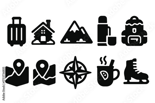 Camping, hiking silhouette icon set. outdoor adventure symbols in silhouette style