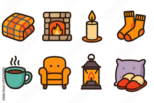 Cozy living filled icon set. home comfort, relaxed lifestyle icons filled collection