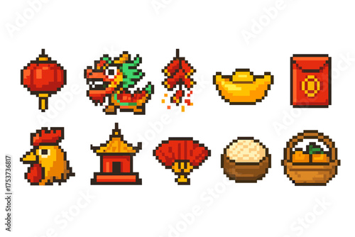 Chinese new year pixel icon set. traditional, festive icons in pixel art style