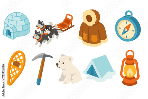 Winter adventure 3d icon set. arctic exploration and camping 3d icons collection.