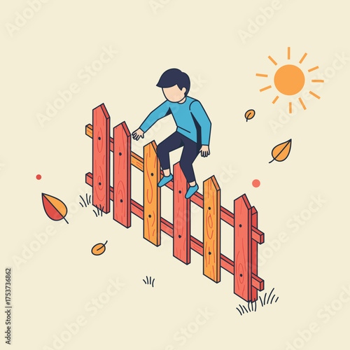 Child balancing on fence in autumn sunlight for educational content