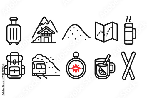 Outdoor adventure line icon set. hiking, backpacking, and camping outline icons