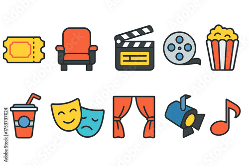 Entertainment and cinema flat icon set. movie, theater, popcorn, snacks icons collection