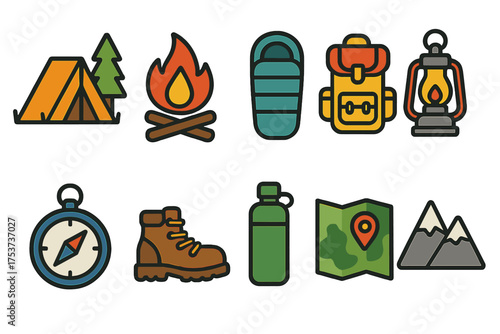Camping adventure outline icon set. outdoor, hiking, backpacking gear icons collection