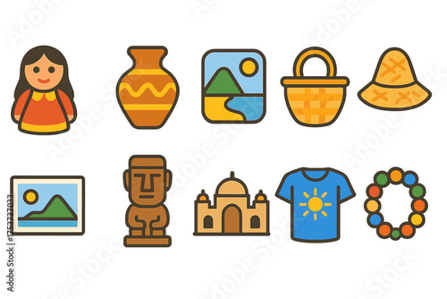 Travel and culture icon set. flat icons of heritage, tradition, and tourism